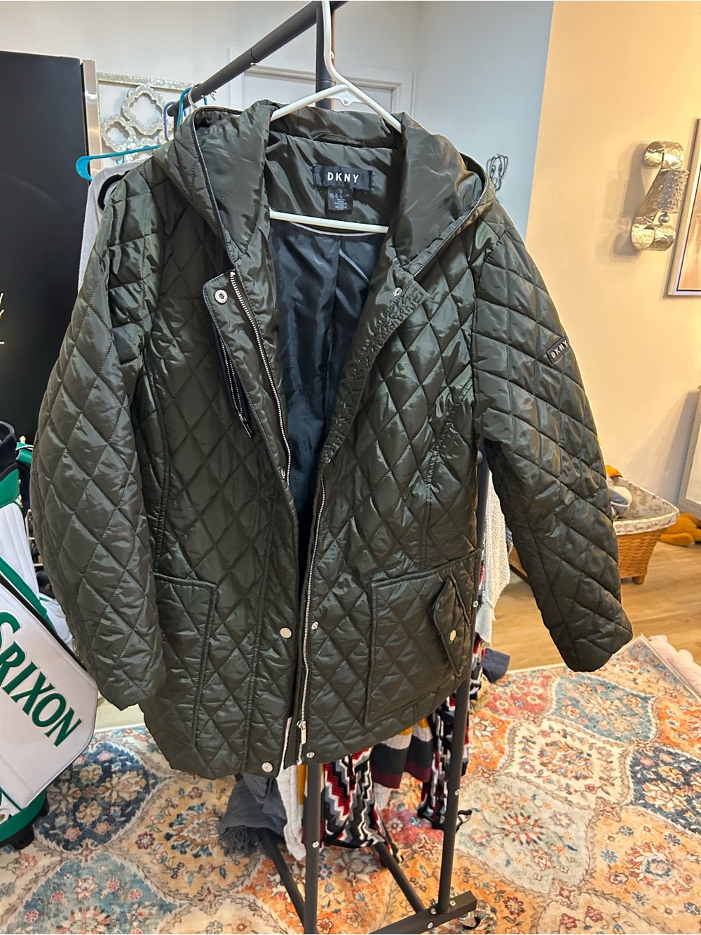 DKNY Olive Green Quilted Hooded Puffer Jacket